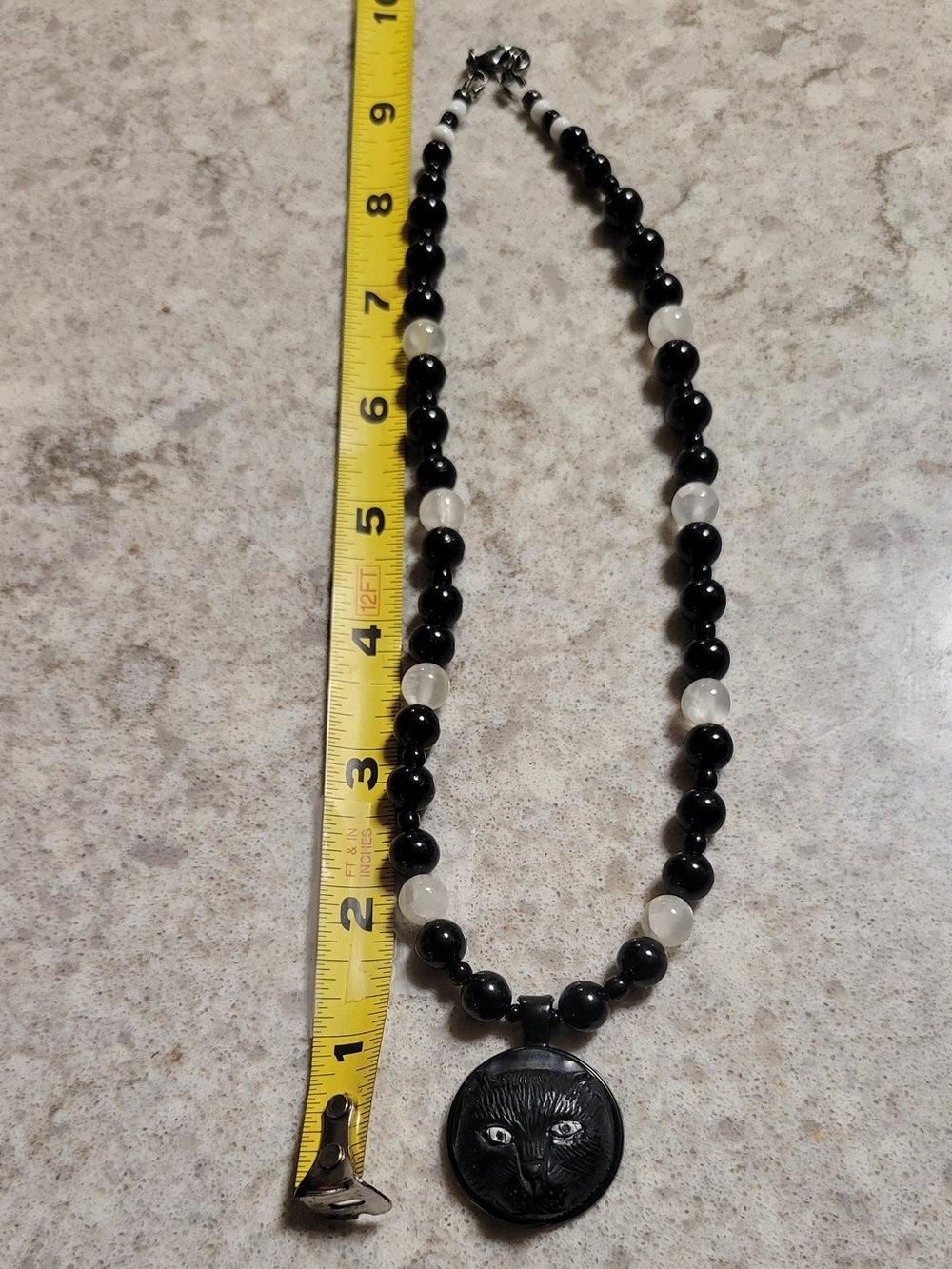 Black and White Beaded Necklace with Cat Pendant - Picture 2 of 3